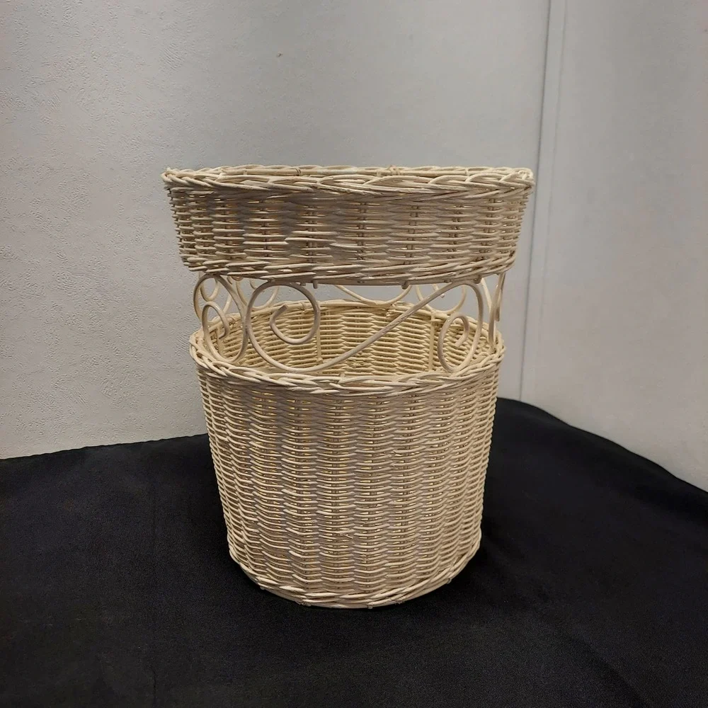 Vintage Wicker Wastebasket Cream White Scrollwork Metal Accents Storage Basket